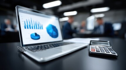 laptop displaying graphs and charts sits on a desk next to a calculator, highlighting a business meeting focused on data analysis. Background figures engage in discussion