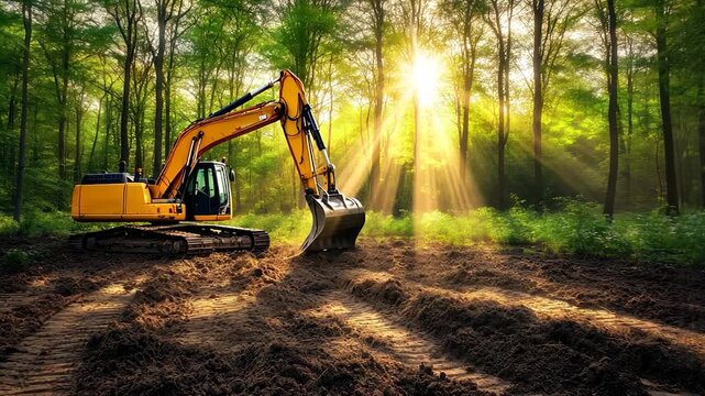 Excavator in a sunlit forest