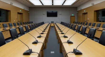 Modern Conference Room with Long Wooden Tables and Rows of Microphones