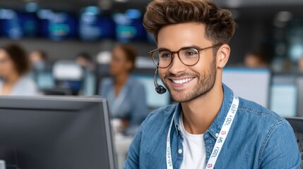 young man with glasses is smiling while using a headset at a computer in a busy office. Colleagues can be seen working in the background, illustrating a collaborative work setting