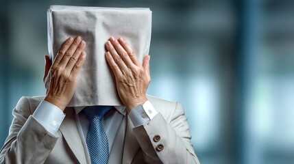 man in a light gray suit and blue tie covers his face with a paper bag, expressing frustration or embarrassment