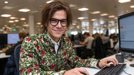 young man wearing a floral jacket sits at a desk, focused on his computer. modern office is filled with people engaged in various tasks, indistinct chatter fills the air