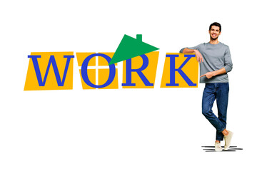 Trend artwork poster composite sketch collage of job employee manager workspace isolated house roof young man stand finger show banner
