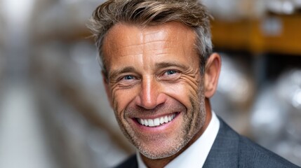 man in a suit displays a warm and inviting smile while standing in a well-lit warehouse filled with various goods. His confident demeanor reflects professionalism and approachability