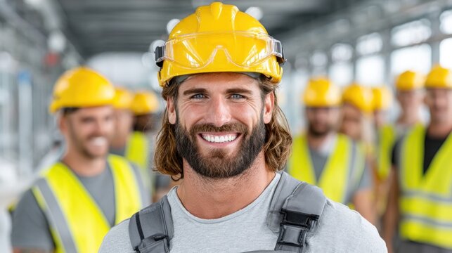 Group of construction workers in bright yellow hard hats and vests stand together at a construction site, showcasing their camaraderie and dedication to safety while engaging in their tasks