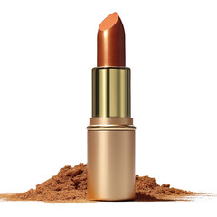 Glossy metallic lipstick tube on a pile of cosmetics powder with a vibrant shine and elegant design, perfect for beauty enthusiasts
