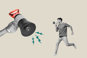 3d sketch poster trend art collage image of mouth talk megaphone announce agitation protest...