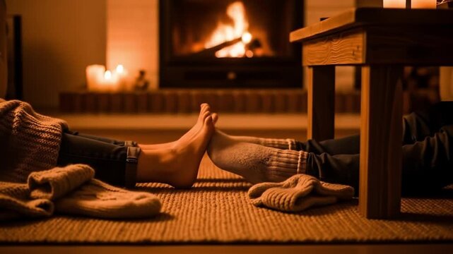 Warm glowing fireplace with two people playing footsie on a soft rug