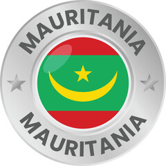 Mauritania flag in silver colored medal. National flag in metal circle emblem.