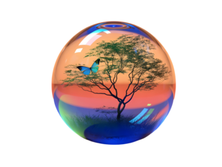Vibrant 3 D Render of a Glass Sphere Encapsulating a Small Tree and Blue Butterfly Against a Sunset Background isolated on a transparent background