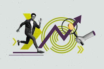Picture mockup collage of young people determination coin search lens on grey color background