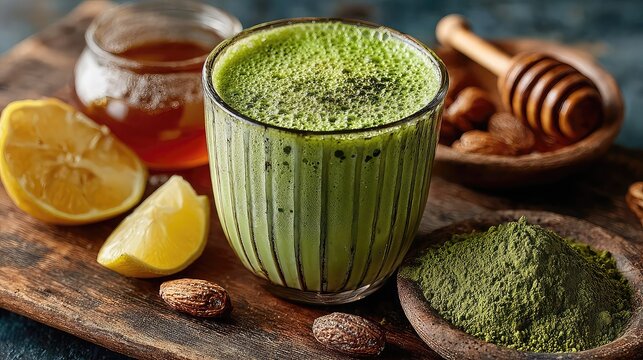 Matcha green tea drinks blended with plant milk, honey alternatives, or lemon for antioxidant-packed, naturally caffeinated wellness beverages