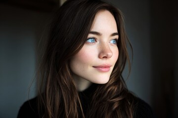 Fototapeta premium Close Up Portrait of a Young Beautiful Woman with Blue Eyes and Long Brown Hair.