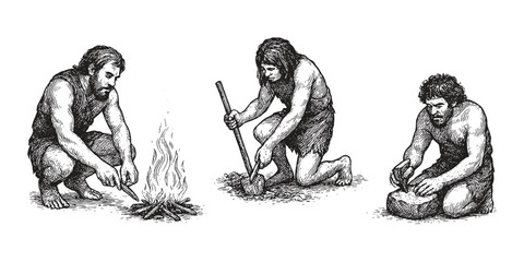 Detailed sketch of prehistoric humans engaging in daily activities like making fire, digging, and carving stone in a vintage style.
