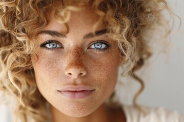 Fototapeta premium Close-up portrait of a young woman with curly blonde hair bright blue eyes and natural freckles.