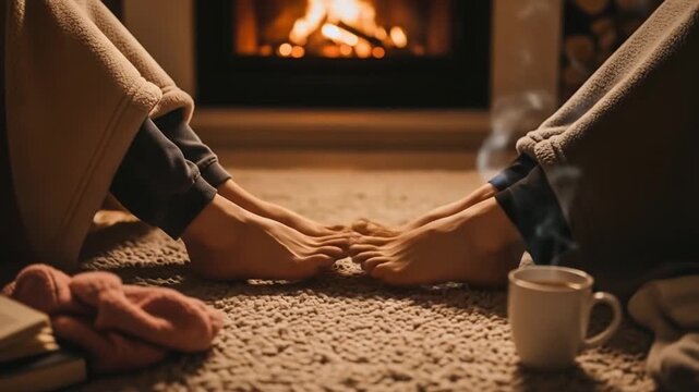 Warm golden fireplace light on two pairs of feet under fleece blanket