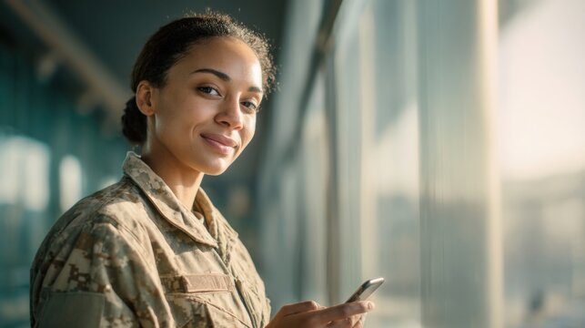 Smiling young woman in military uniform using smartphone standing near glass window.