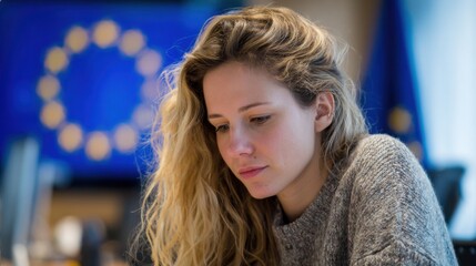 Young woman with long curly hair studying or working in front of European Union flags.