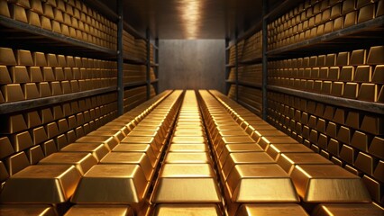 A vault filled with neatly arranged gold bars, gleaming under dim lighting, creating a wealth-focused ambiance.