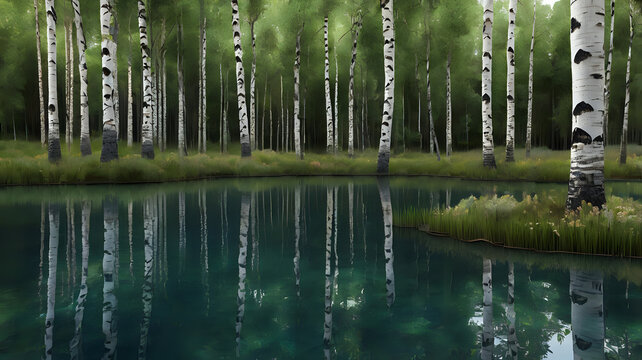 3D render of a serene forest glade with a still water pool reflecting the tall birch trees above - Powered by Adobe