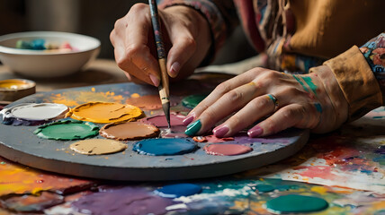 Fototapeta premium Close-up of an artist’s hands mixing paint on a palette, canvas in background with colorful abstract art in progress