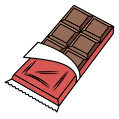A chocolate bar in a red wrapper reveals delicious treat inside; transparent background