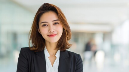 Confident young woman in business suit smiling outdoors in bright natural light.