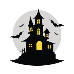 Spooky Haunted House Silhouette with Bats and Moon for Halloween Illustration