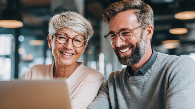 Happy senior woman and young man working together on a laptop in a modern office environment. - Powered by Adobe
