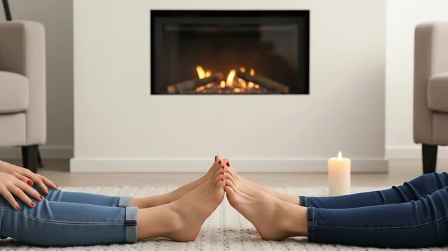 Modern living room with two pairs of feet playing footsie near gas fireplace