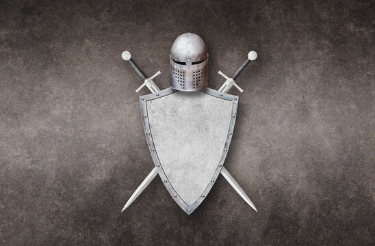 knight helmet shield and two swords on grunge background