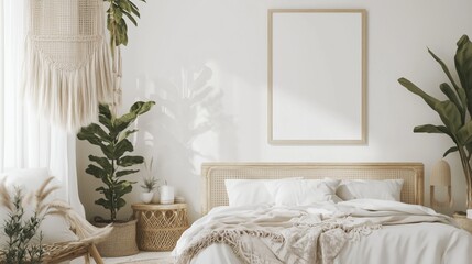 A bright, modern boho bedroom with white walls, rattan furniture, woven textiles, and potted plants. 