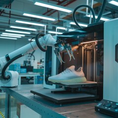 Micro-factory producing 3D-printed sneakers, robotic arm removing finished product. Sustainable manufacturing, industrial-chic lighting. 