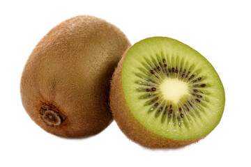 kiwi fruit: whole and sliced, isolated on white background.