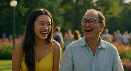 Obraz premium An Asian woman and an older gentleman sharing a joyful moment in a blooming garden
