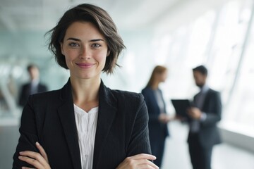 Confident Businesswoman Smiling with Crossed Arms in Modern Office Setting.