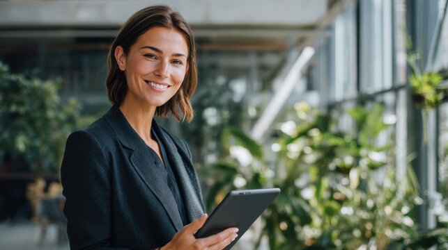 Friendly young woman using digital tablet in modern greenhouse with lush greenery.