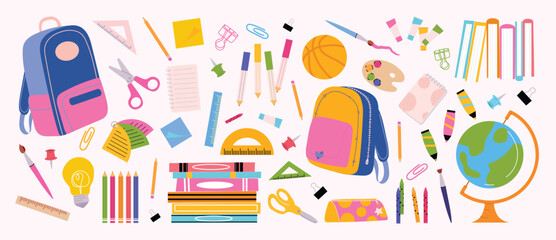 School supplies and education element vector set. hand drawn of pen, pencil, book, ruler, globe, brush, basketball, pin, palette. Design for sticker, kids, Back to School decoration.