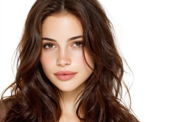 Naklejka premium Beautiful young woman with long wavy hair and natural makeup posing confidently.