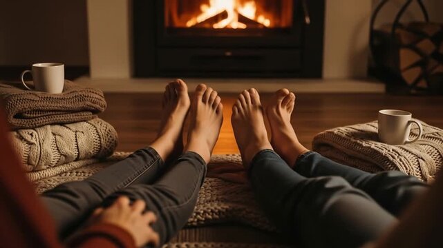 Two pairs of bare feet resting calmly by glowing fireplace on knitted rug