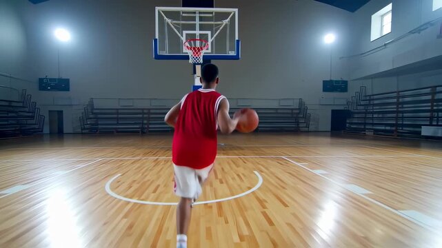 Athletic basketball player dribbling on indoor court, sport training and skills showcasing