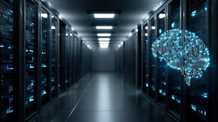 Futuristic data center showcasing artificial intelligence technology and advanced server infrastructure