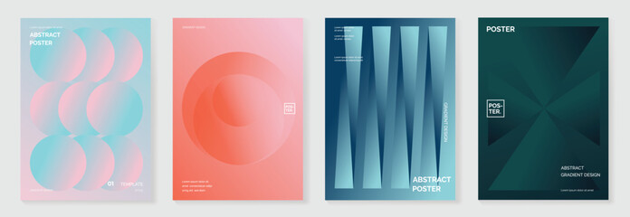 Modern gradient poster background vector set. Minimalist cover template with vibrant perspective geometric prism shapes in motion. Ideal design for social media, cover, banner, flyer.