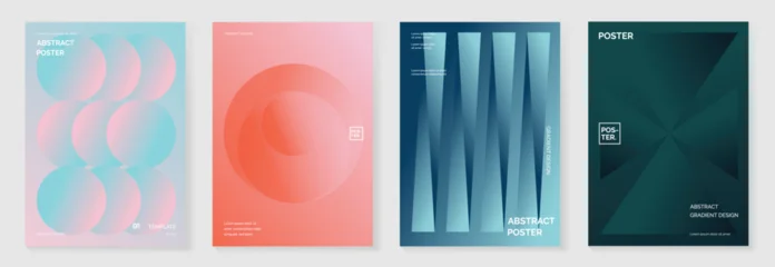 Fototapete Modern gradient poster background vector set. Minimalist cover template with vibrant perspective geometric prism shapes in motion. Ideal design for social media, cover, banner, flyer. © TWINS DESIGN STUDIO