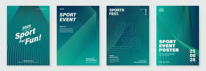 Naklejka na ściany i meble Sport line poster background vector set. Minimalist cover template with green perspective line wave in motion. Ideal design for social media, cover, banner, flyer, ads. 