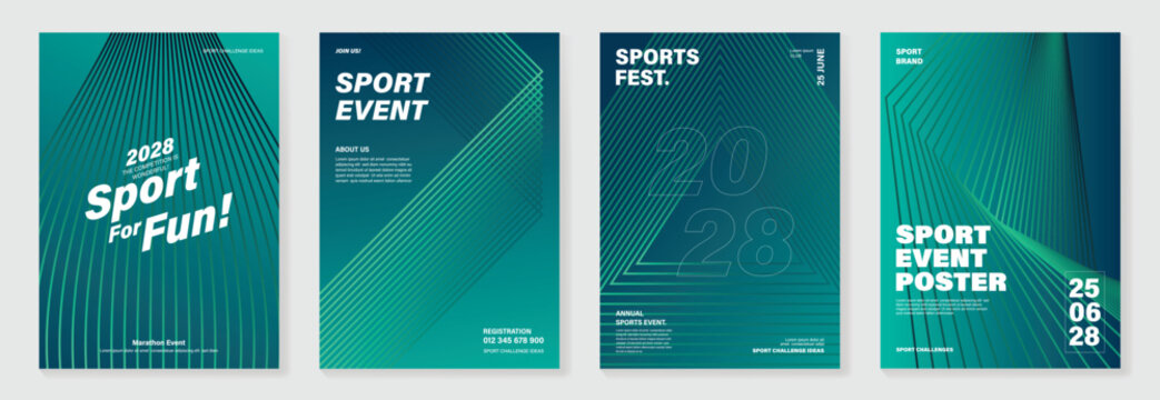 Sport line poster background vector set. Minimalist cover template with green perspective line wave in motion. Ideal design for social media, cover, banner, flyer, ads.