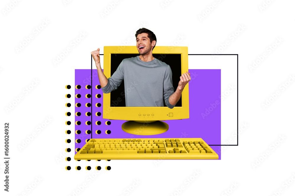 Aufkleber sketch image artwork composite 3d collage of obsolete computer monitor young man appear type keypad 