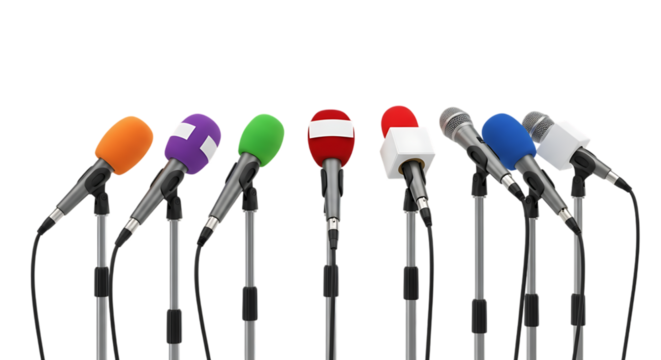 A row of colorful microphones stands ready for a press conference symbolizing media and public communication isolated on transparent background