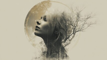 Artistic double exposure portrait of a woman with natural elements and moon phase.