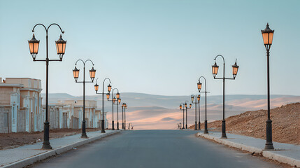 Fototapeta premium A scenic street with vintage lamps illuminated during a beautiful sunset